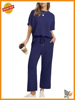 Two Piece Lounge Set with Wide Leg Crop Pants, Oversized Top, Summer Airport